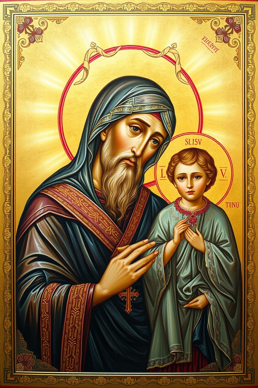 A beautifully painted icon of a saint, depicting a vibrant and detailed style, showcasing rich gold leaf accents and intricate patterns