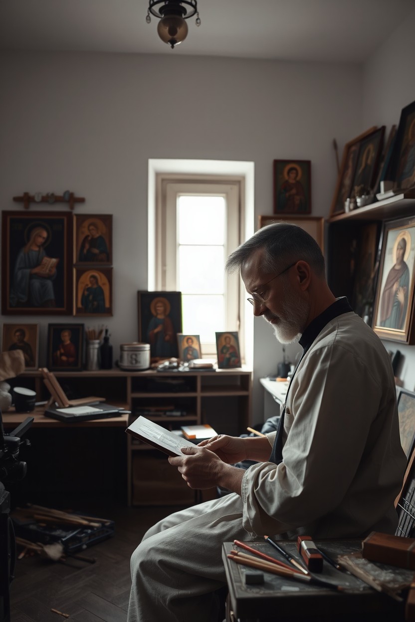 A serene and contemplative art studio filled with beautiful icon paintings