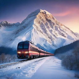 A majestic train journeying on a railway track atop a towering, snow-capped mountain during twilight