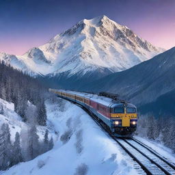 A majestic train journeying on a railway track atop a towering, snow-capped mountain during twilight