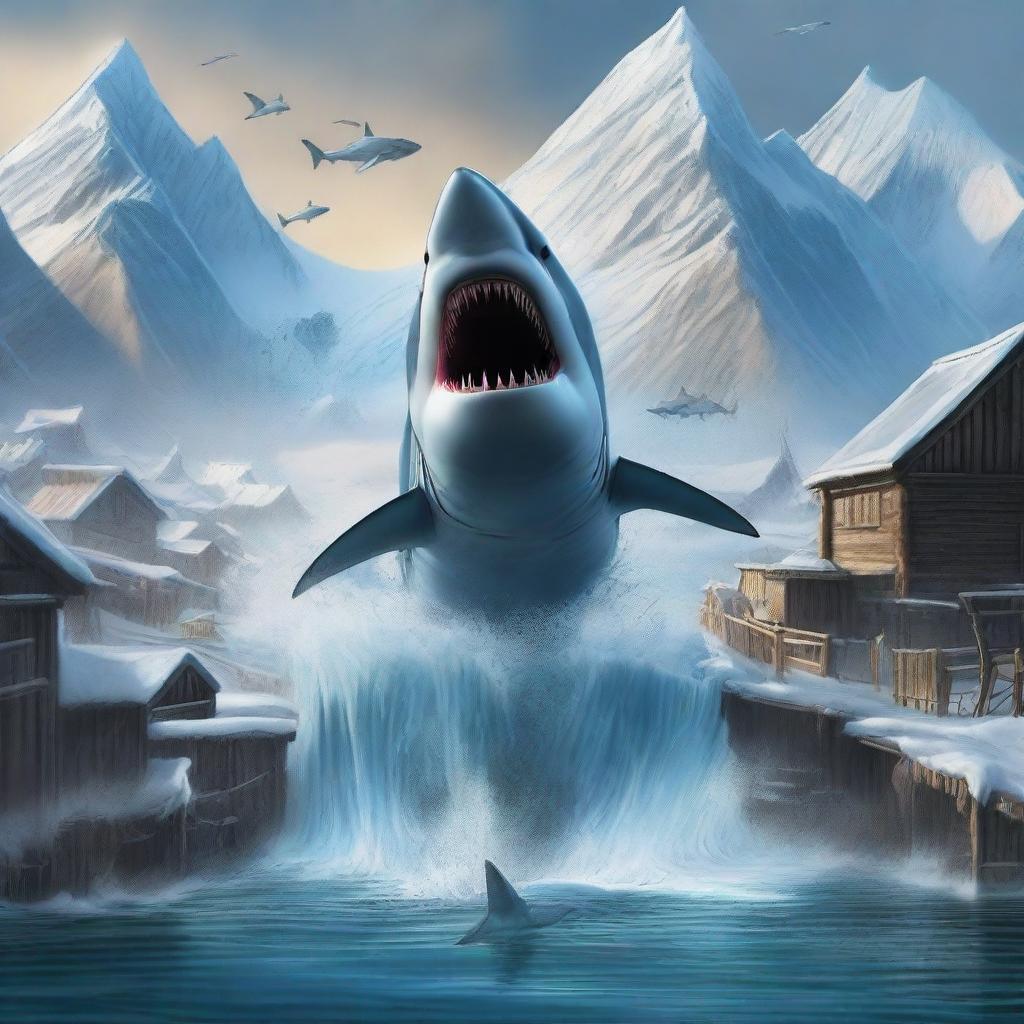 This high-quality digital art portrays an intense scene of a massive Megalodon shark leaping out of the icy waters to attack an Arctic village