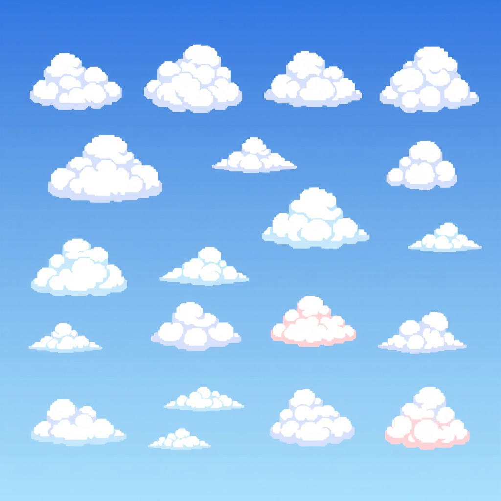 A pixel art sprite sheet depicting a set of clouds in various shapes and sizes