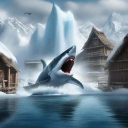 This high-quality digital art portrays an intense scene of a massive Megalodon shark leaping out of the icy waters to attack an Arctic village