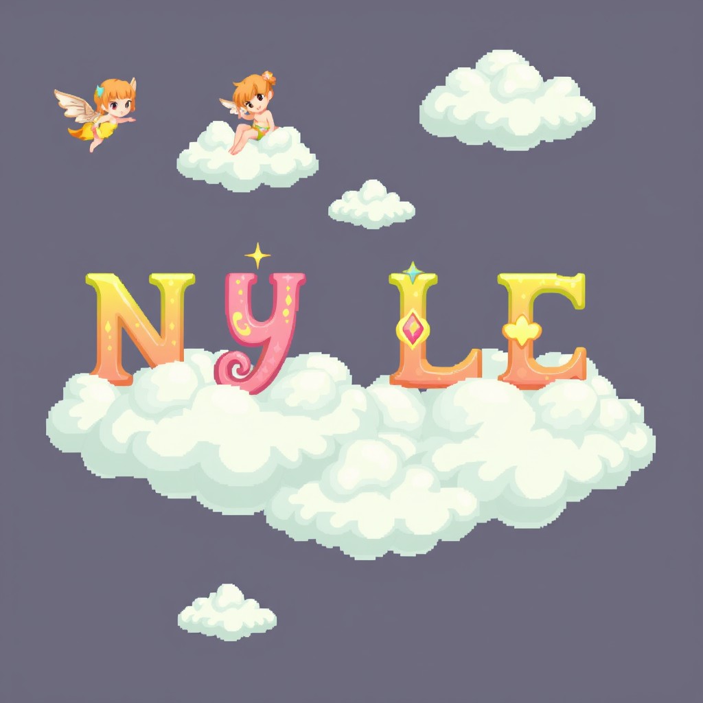 A pixel art spritesheet featuring playful and whimsical letters designed in a style reminiscent of a fantasy world, shaped like nymphs floating on fluffy clouds