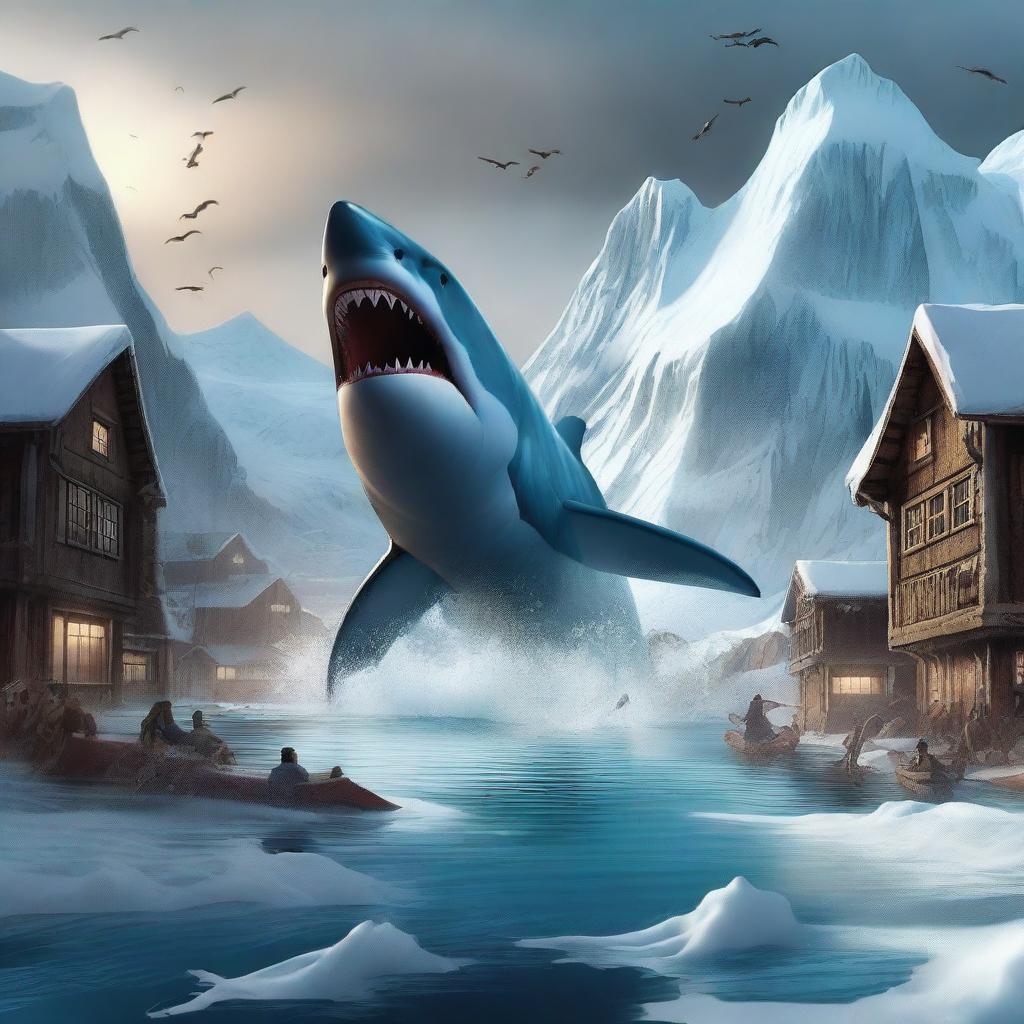 This high-quality digital art portrays an intense scene of a massive Megalodon shark leaping out of the icy waters to attack an Arctic village