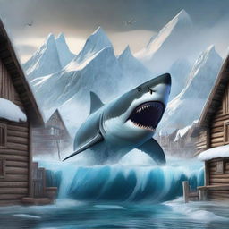 This high-quality digital art portrays an intense scene of a massive Megalodon shark leaping out of the icy waters to attack an Arctic village