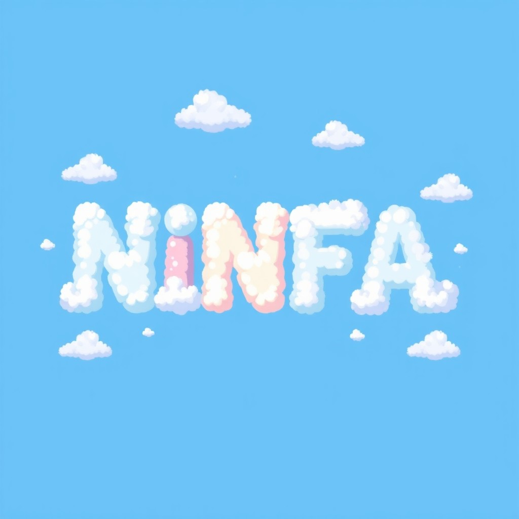 A whimsical and artistic creation featuring the word 'NINFA' designed in a dreamy cloud style, where each letter resembles fluffy clouds, floating in a bright blue sky