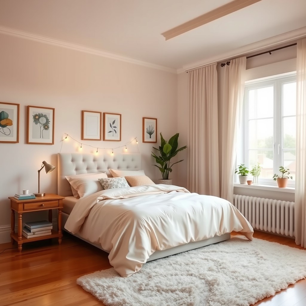 A beautifully designed, cozy bedroom, featuring a large, plush bed with soft, pastel-colored bedding