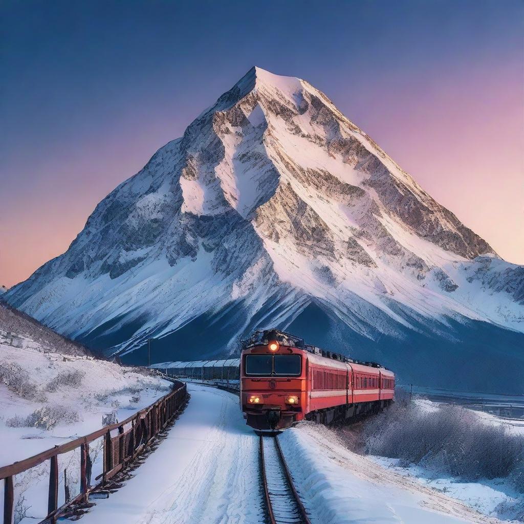 A majestic train journeying on a railway track atop a towering, snow-capped mountain during twilight