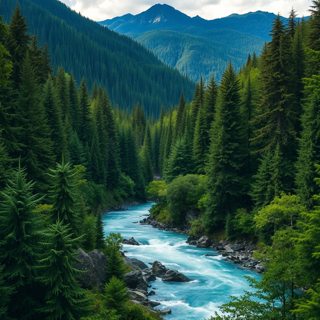 A vibrant and lush forest scene featuring dense, towering trees filling the landscape, with a turbulent river winding through the center