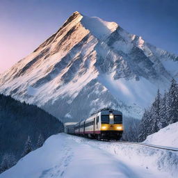 A majestic train journeying on a railway track atop a towering, snow-capped mountain during twilight