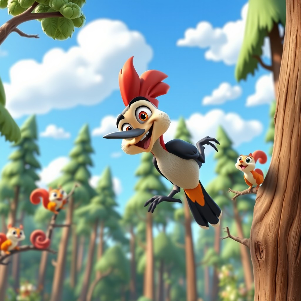 A vibrant and colorful 3D animated cartoon scene featuring a whimsical woodpecker character styled like Pica-Pau (Woody Woodpecker)
