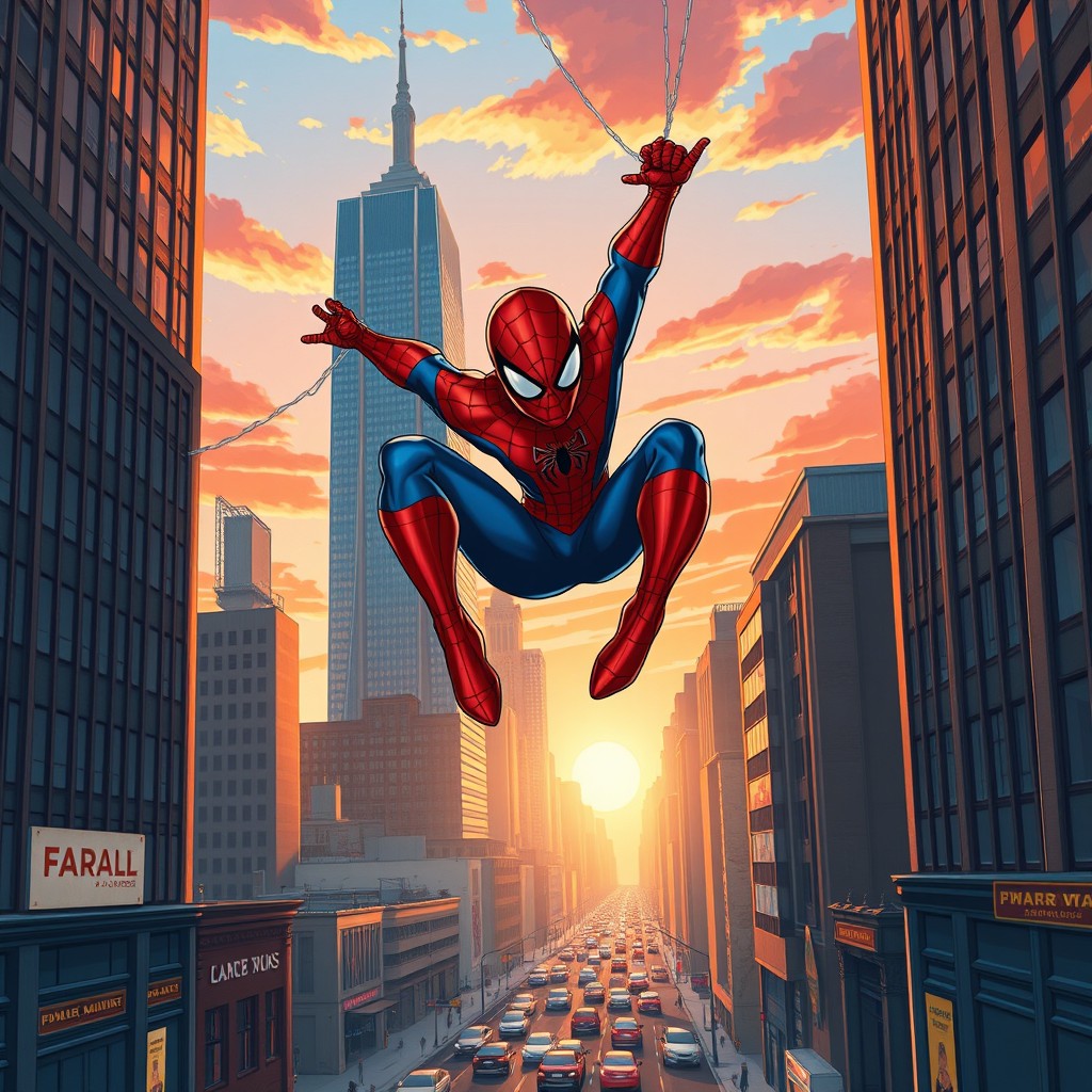 A dynamic and vibrant illustration of Spider-Man swinging between tall skyscrapers in a bustling city