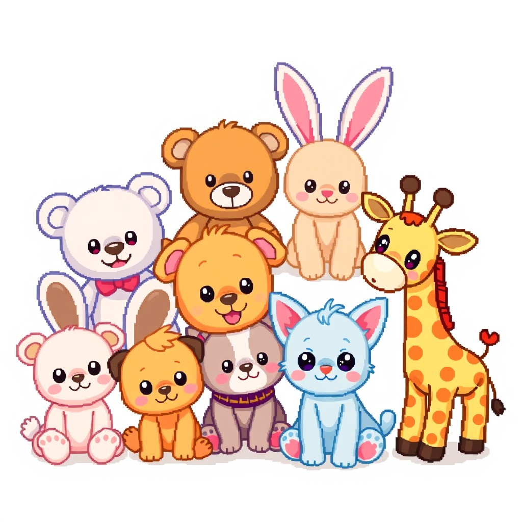 A vibrant and colorful pixel art spritesheet showcasing a variety of plush animal toys
