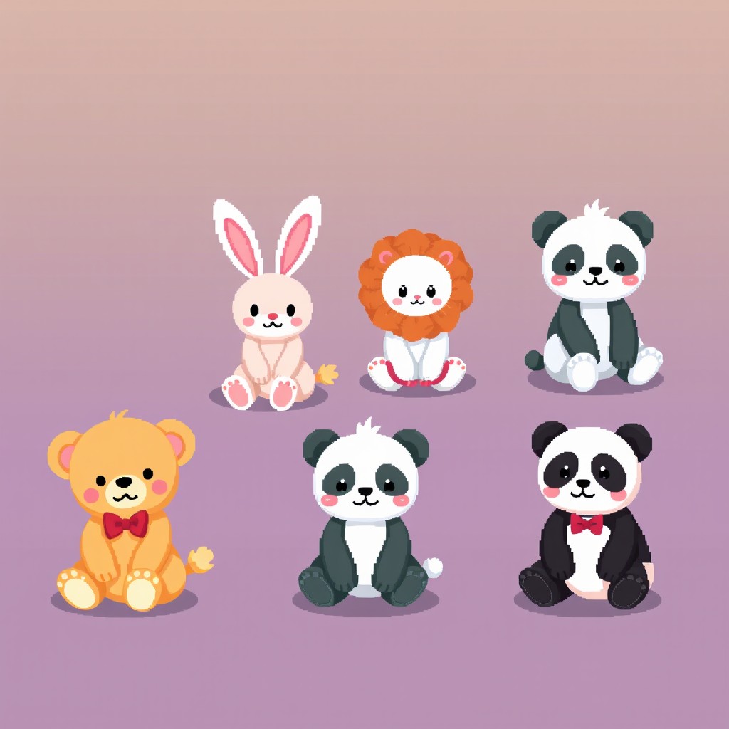 A vibrant and whimsical pixel art spritesheet featuring adorable seated plush animal characters