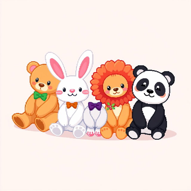 A vibrant and whimsical pixel art spritesheet featuring adorable seated plush animal characters