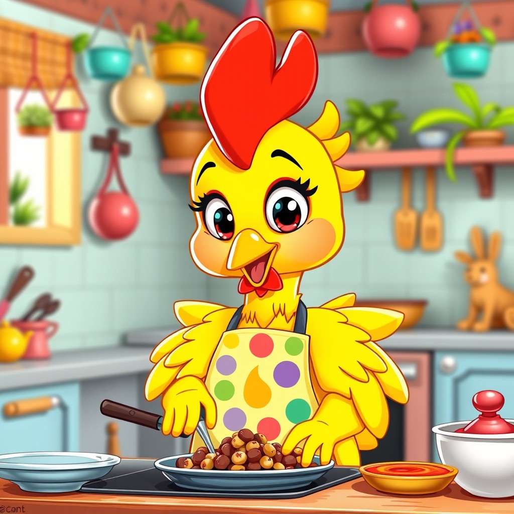 A cute anthropomorphic chicken character with vibrant yellow feathers, wearing a colorful bib apron