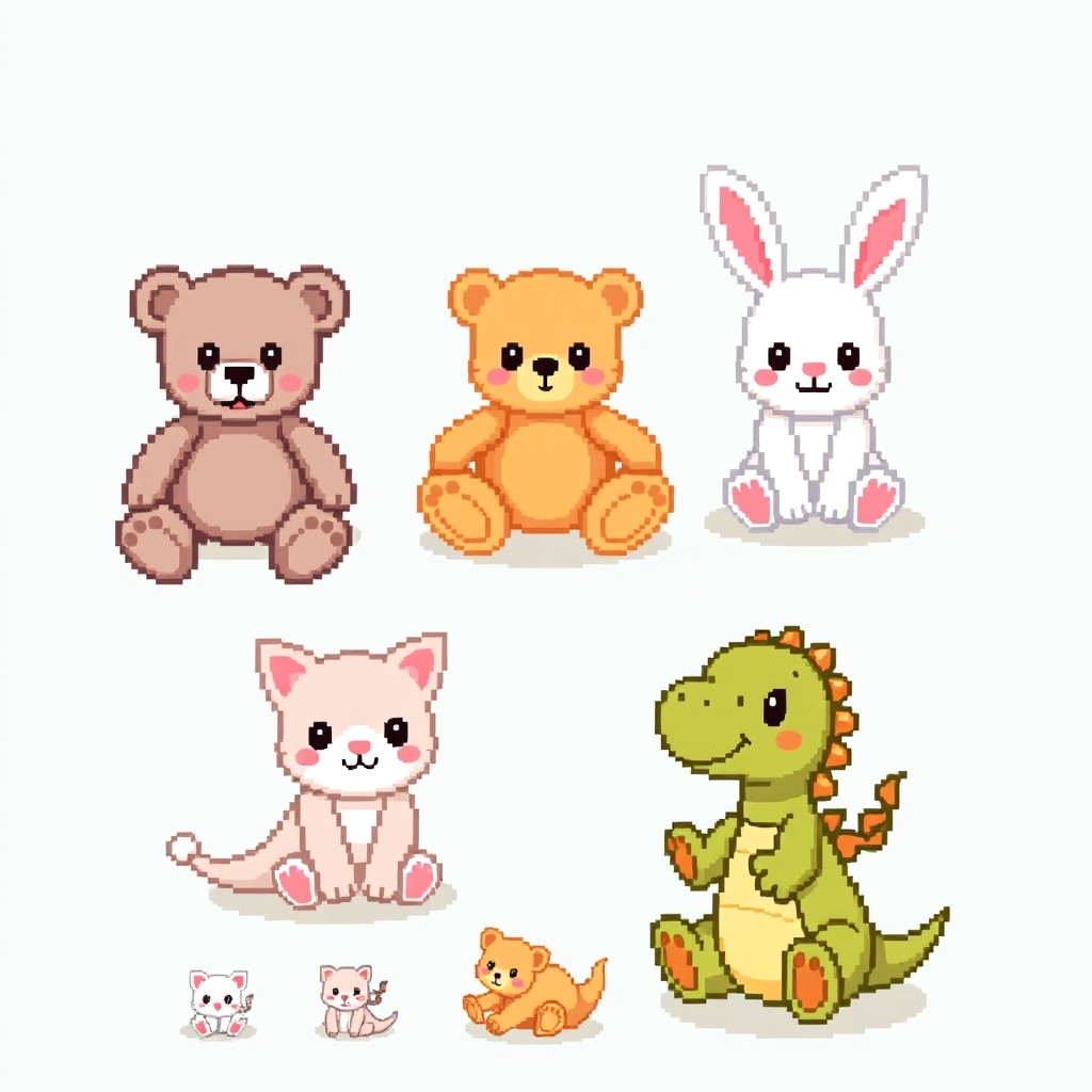 A colorful pixel art spritesheet featuring various cute plush animals sitting down