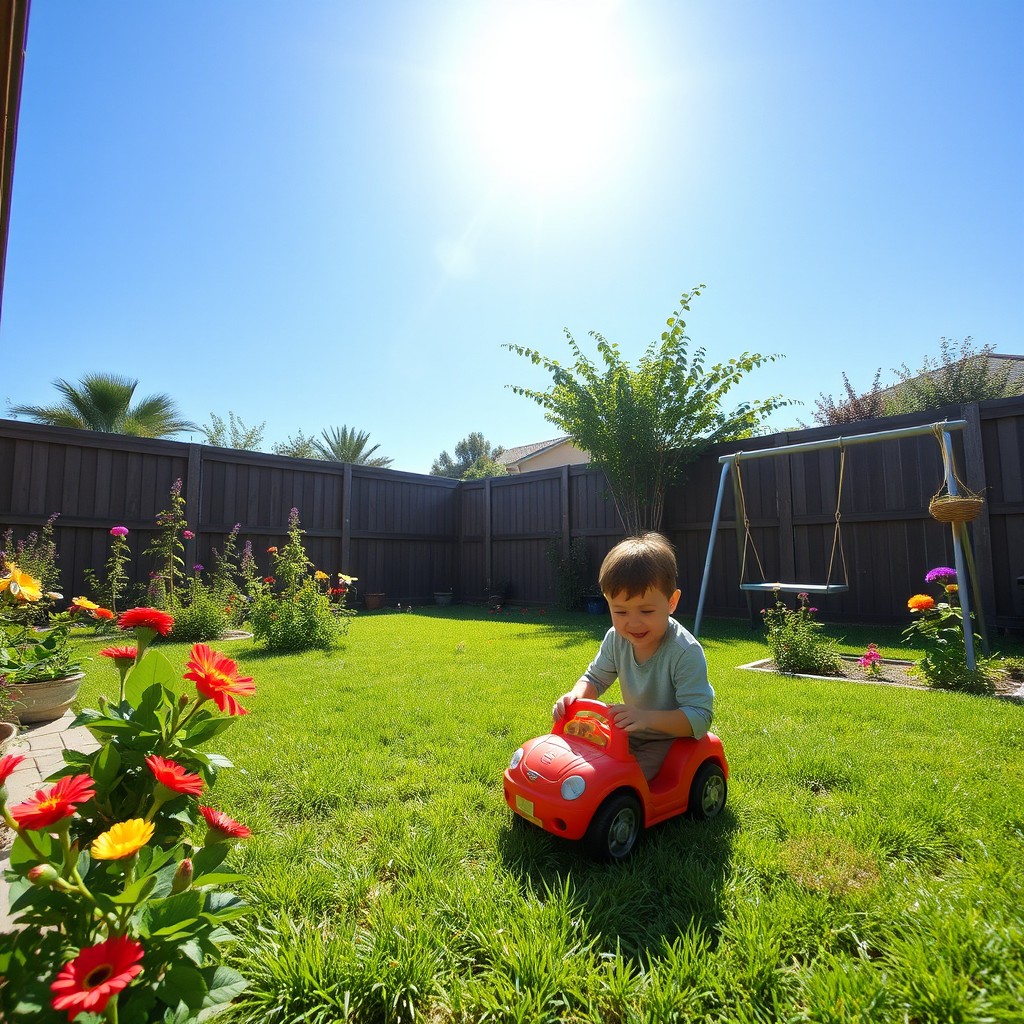 A 10-year-old boy playing alone in his backyard, filled with greenery and colorful flowers