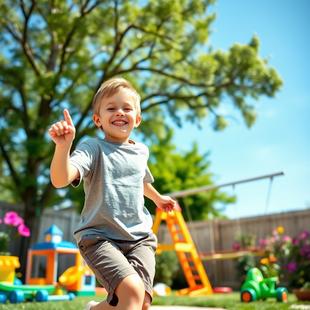 An 11-year-old boy playing joyfully in his backyard, surrounded by colorful toys and a swing set