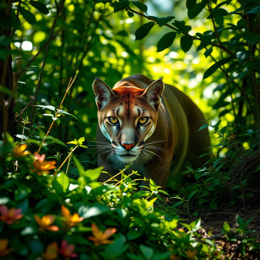 A majestic puma lurking stealthily in a lush green forest, its powerful body hidden among the underbrush, with dappled sunlight filtering through the trees