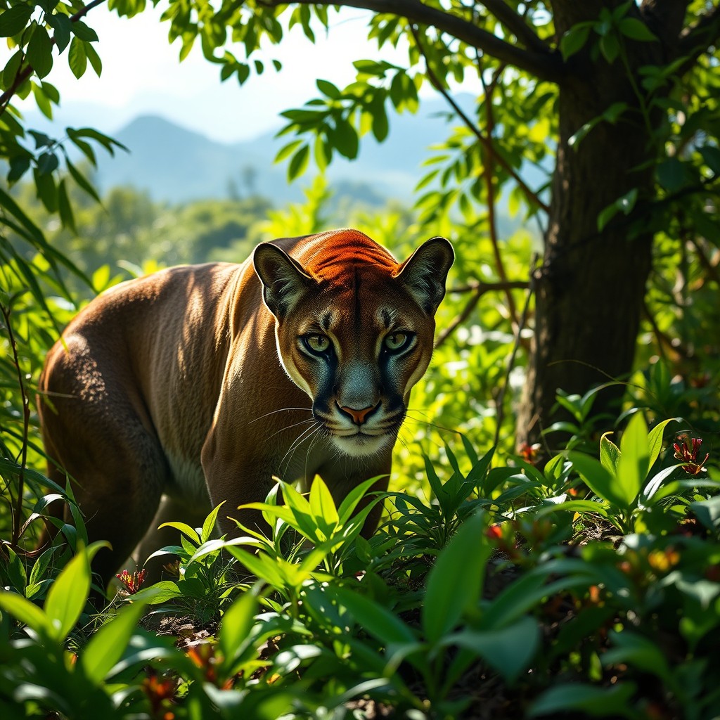 A majestic puma in a lush, tropical forest, showcasing its natural hunting instincts