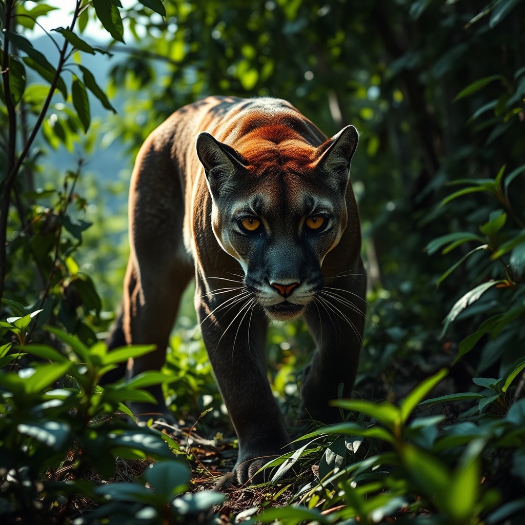 A dramatic scene in a dense forest featuring a powerful puma in a stalking position, its gaze intense and focused