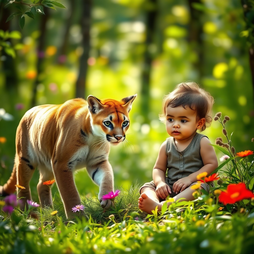 A captivating scene in a serene forest where a curious puma is slowly approaching a young child, who is sitting peacefully on a patch of grass