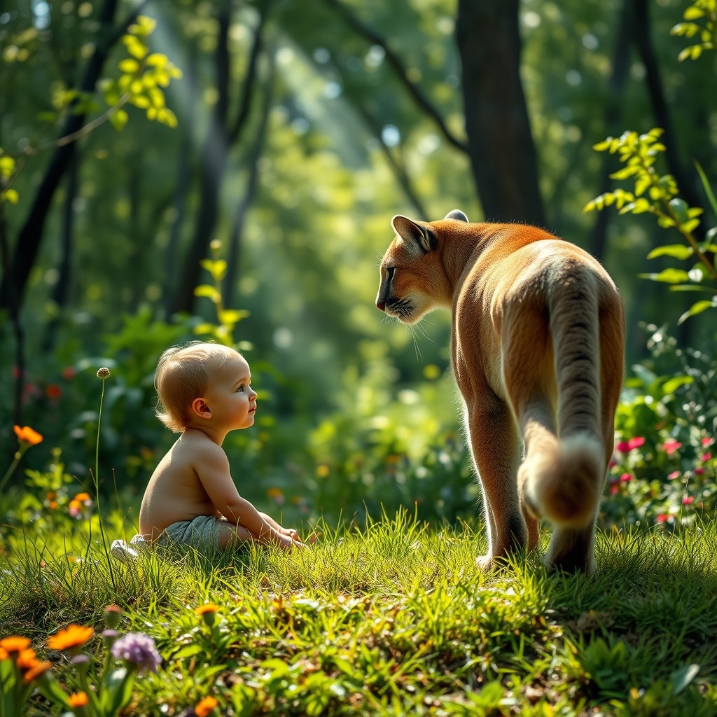 A serene moment captured in a lush, green forest where a puma is approaching a young child, who is sitting calmly on a grassy patch