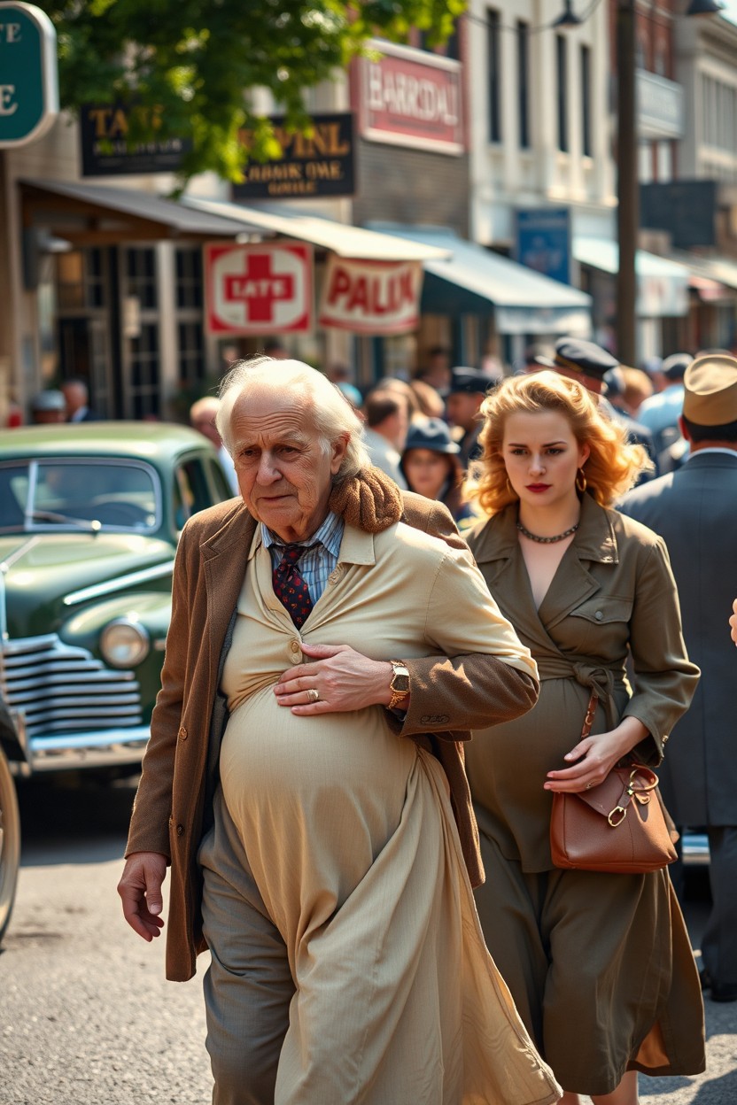 An old man with a gentle expression, dressed in vintage 1940s clothing, on a bustling street in a small town during the 1940s