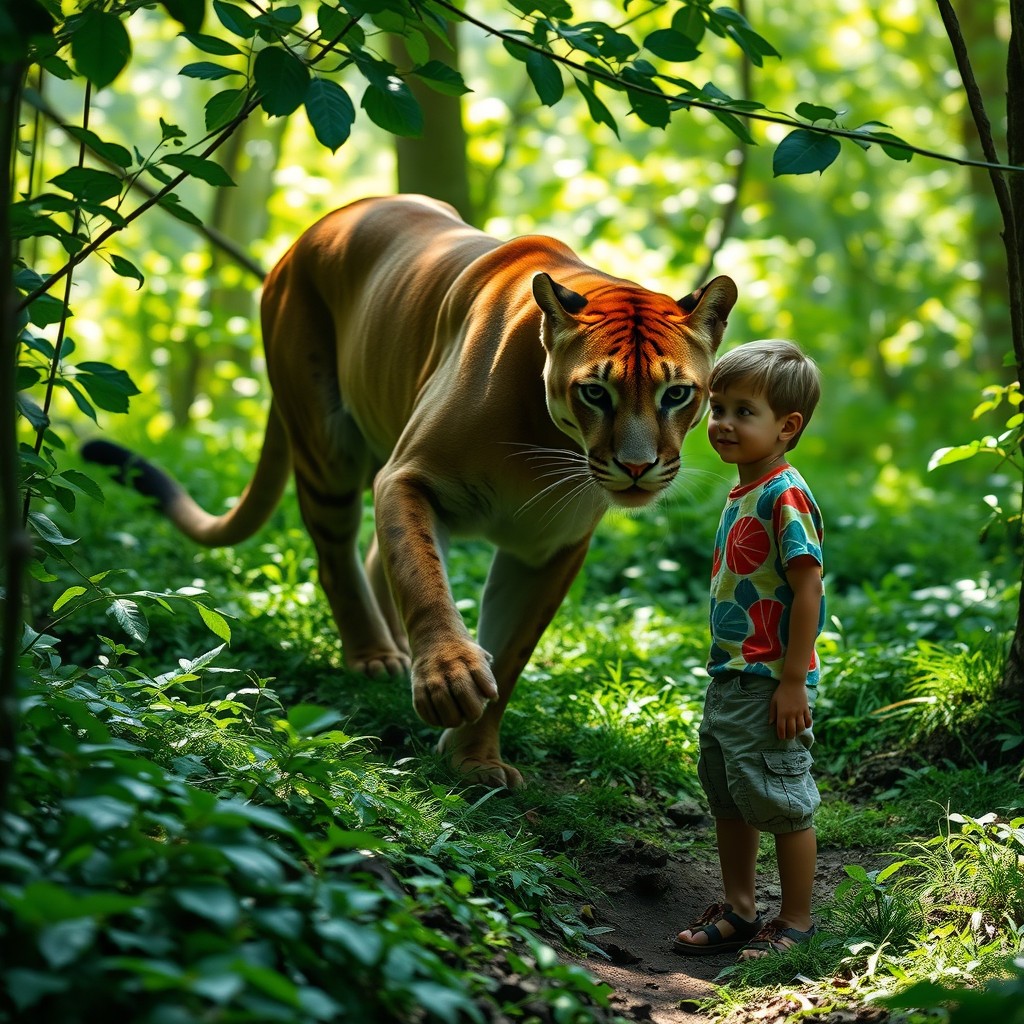 A majestic Puma prowling through a lush green forest, its powerful muscles tensed as it stealthily approaches a boy aged 12, who is standing nearby in awe, captivated by the wild beauty of the animal