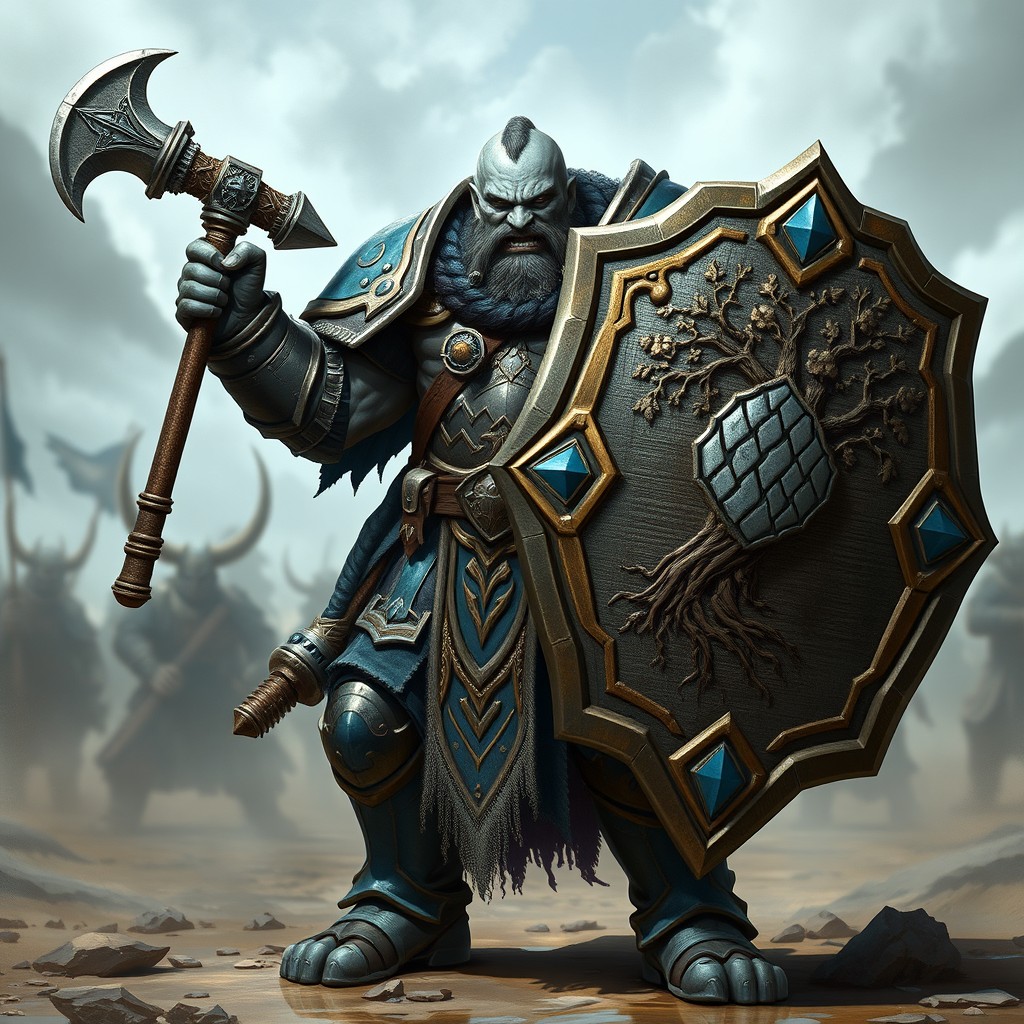 A powerful grey-skinned half-orc warrior clad in heavy armor featuring intricate blue and gold designs