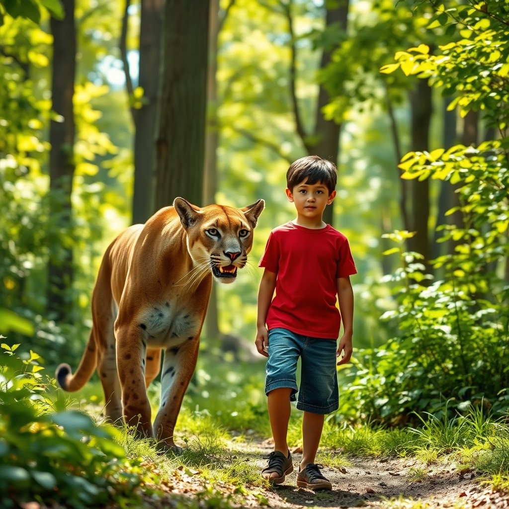 A majestic Puma approaching a 13-year-old boy in a lush green forest