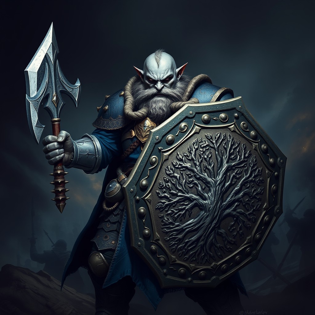 A formidable grey-skinned half-orc warrior dressed in heavy armor adorned with intricate blue and gold patterns