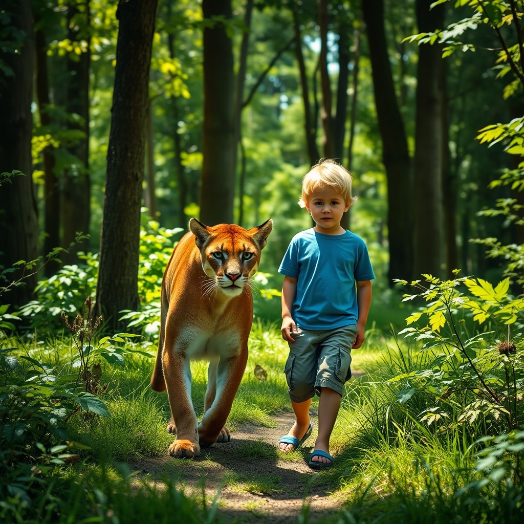 A majestic Puma approaching a 13-year-old boy with light-colored hair in a lush green forest