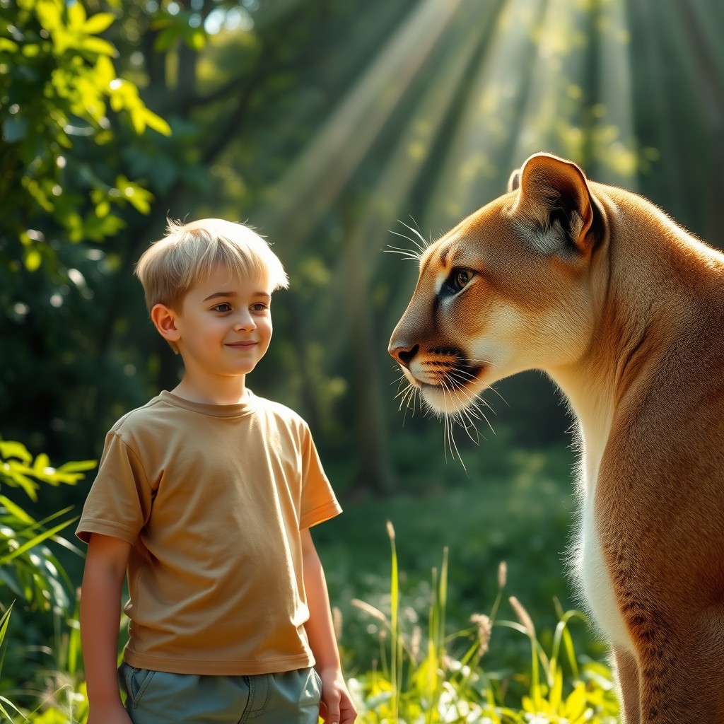 A close-up of a light-haired, short-haired 13-year-old boy standing confidently, observing a majestic Puma in a lush green forest