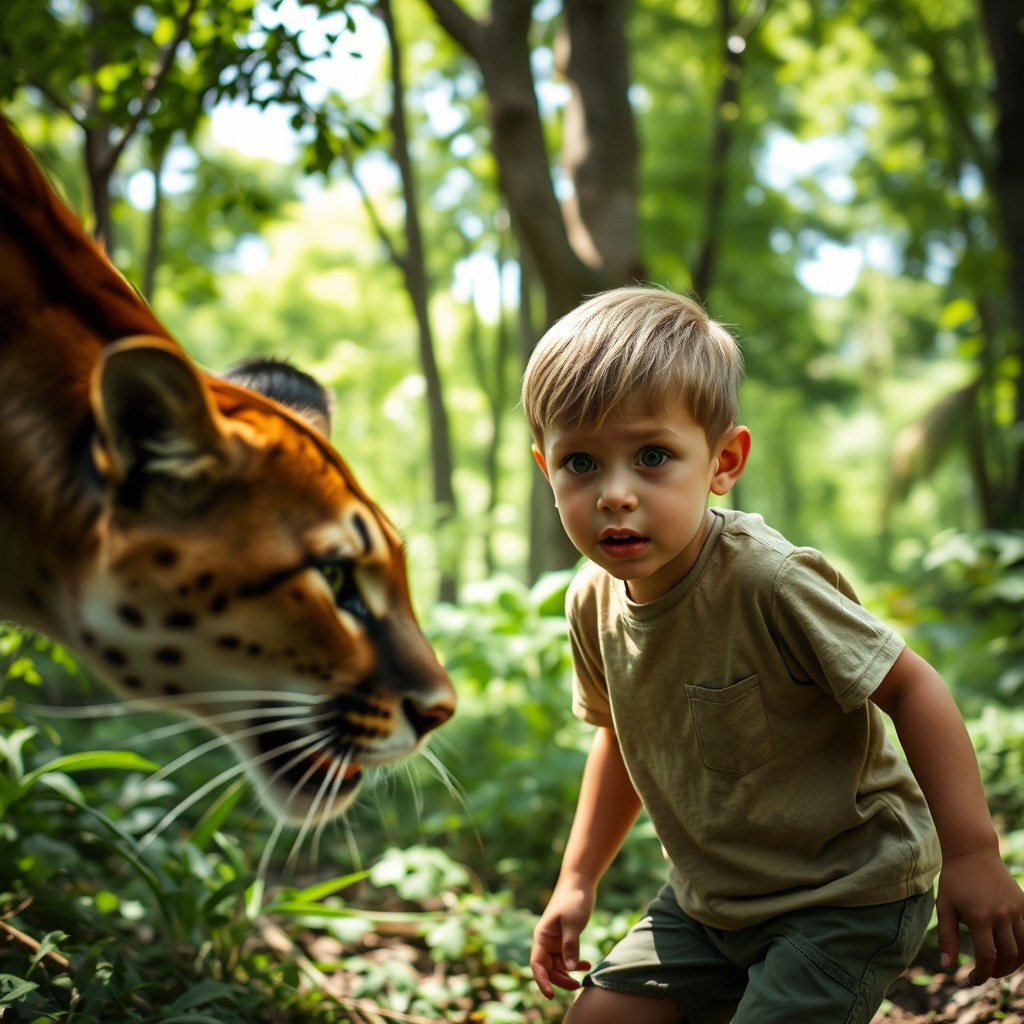 A young boy with short, light-colored hair looking frightened as a Puma approaches him