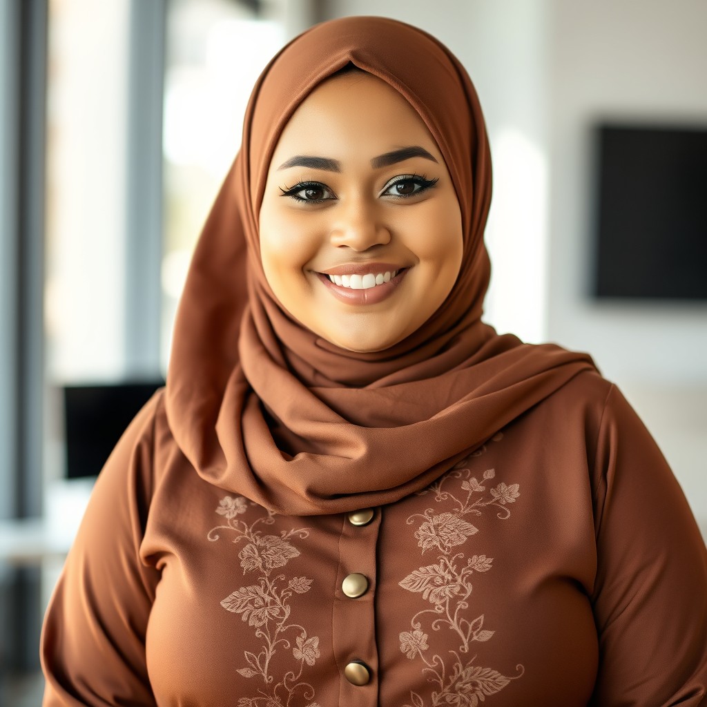 A beautiful, plus-sized Muslim woman with fair skin, smiling warmly