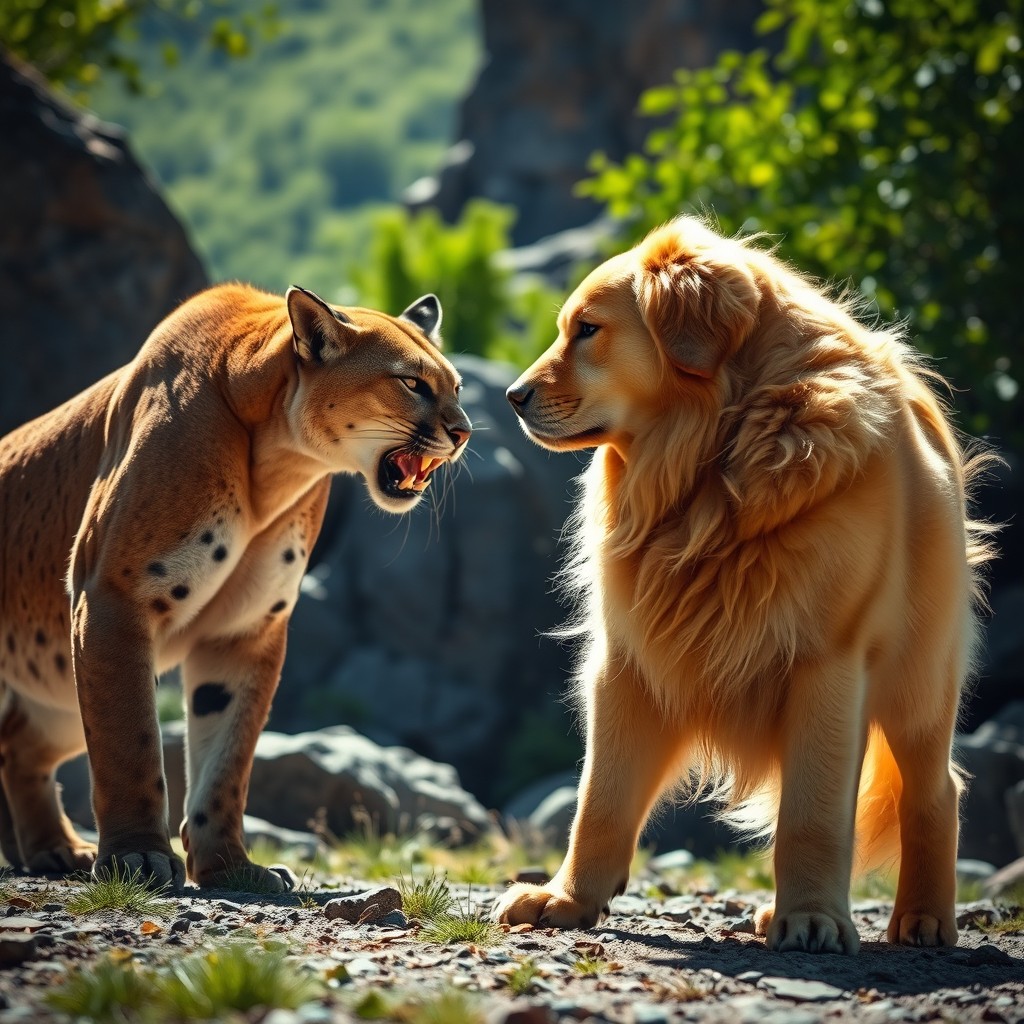 A majestic golden retriever standing confidently, facing off against a fierce and powerful puma in a dramatic wilderness setting