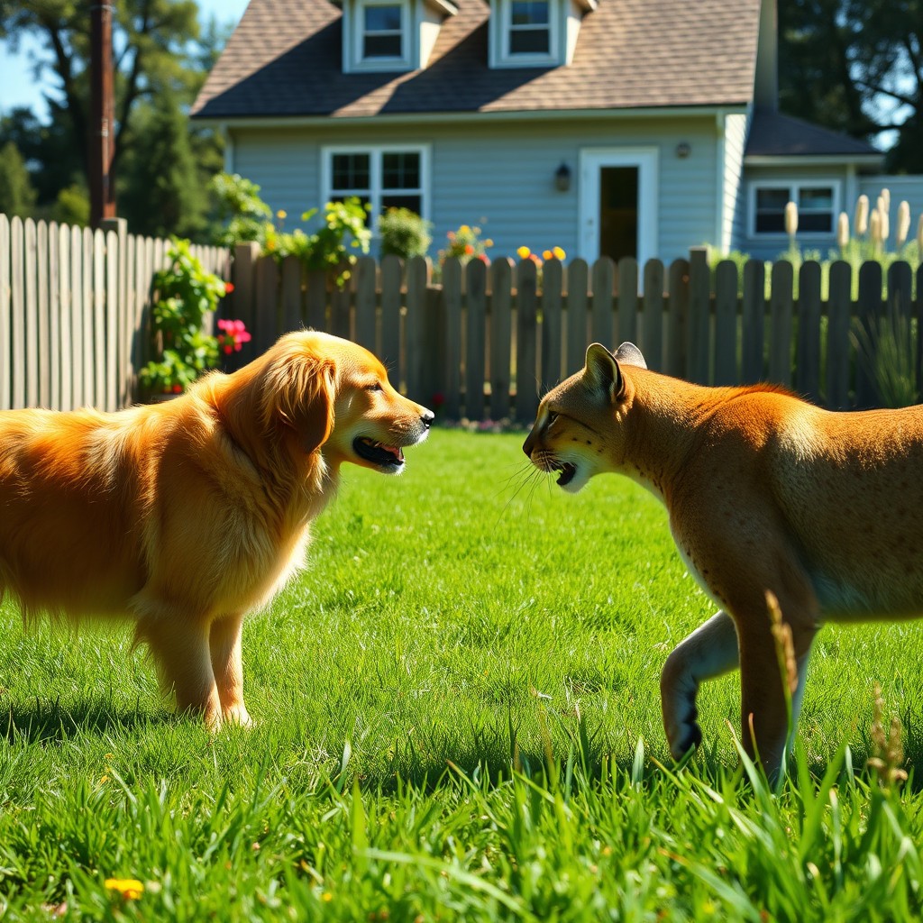 A golden retriever dog facing off against a puma in the backyard of a house
