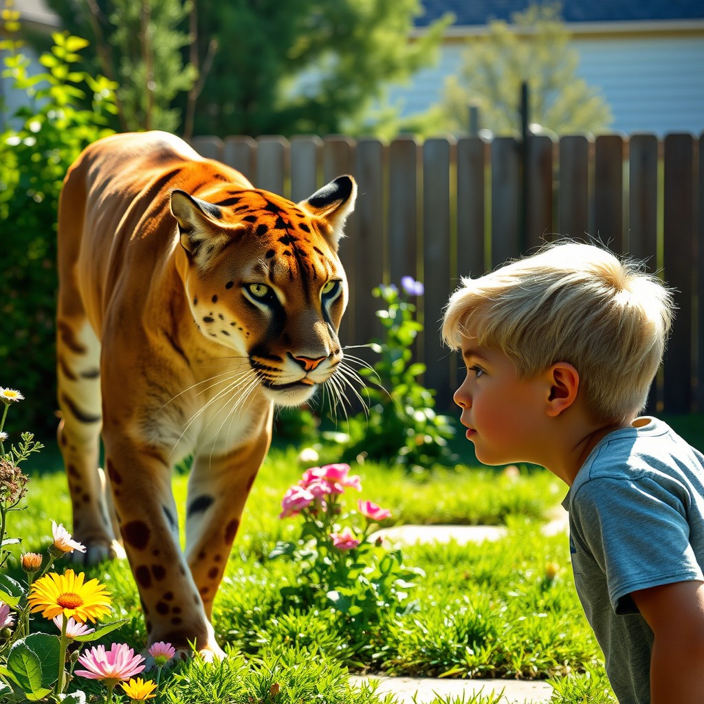 A majestic Puma approaching a 12-year-old boy with short, light-colored hair in the backyard of a house