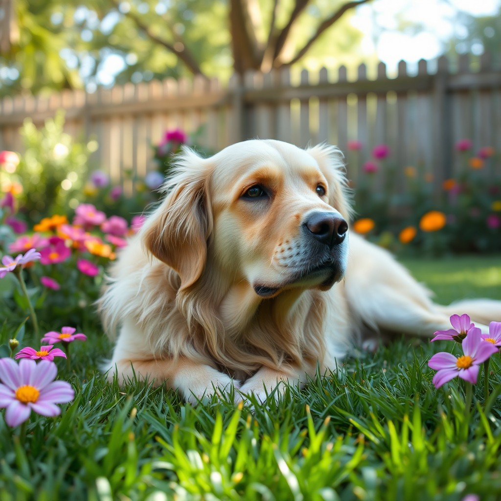 A beautiful injured golden retriever dog lying in a lush backyard garden, with soft sunlight filtering through the trees
