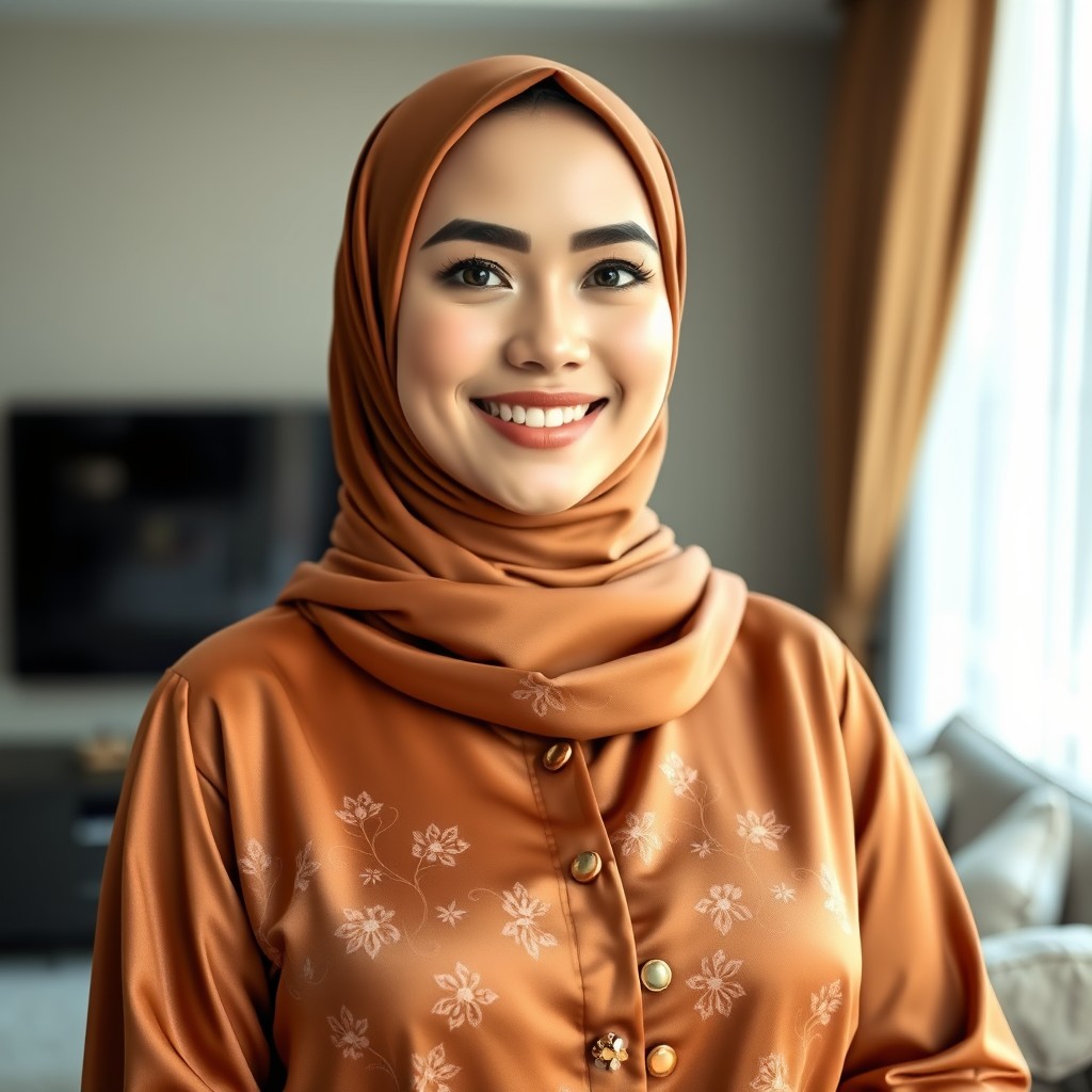 A beautiful Muslim woman with a full figure and fair skin, wearing a warm brown hijab and a matching satin blouse adorned with delicate floral patterns and decorative buttons at the front