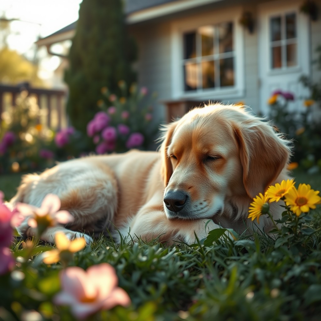 A solemn and poignant scene of a golden retriever dog peacefully lying in a backyard garden, surrounded by soft, vibrant flowers and lush greenery