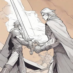 A 2D comic scene of a pair of strong, determined hands gripping a majestic greatsword