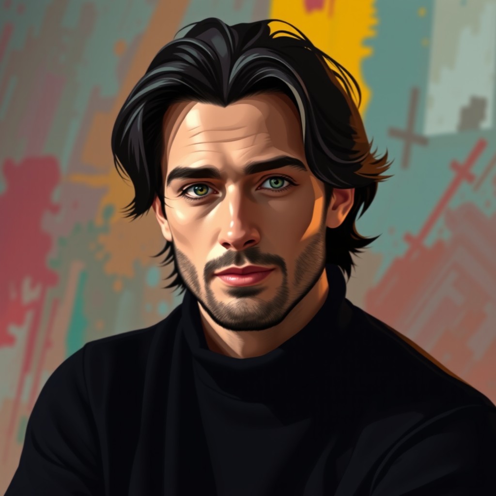 A stylized portrait of a male character inspired by the name Juraj Gavenda, showcasing a thoughtful expression
