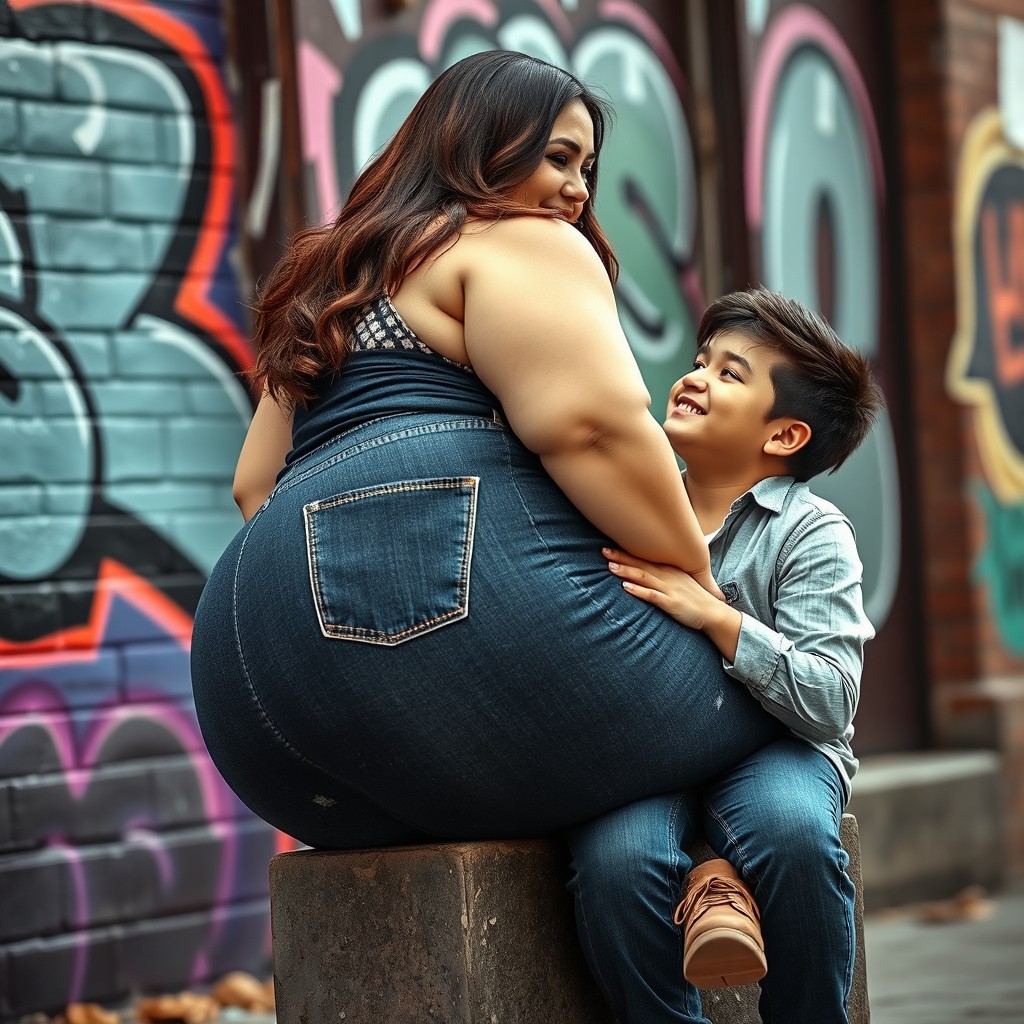 A voluptuous woman with a big ass sitting on the lap of a much smaller man, both looking comfortable and playful