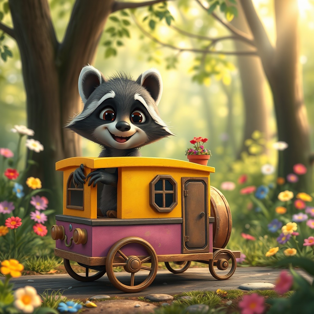 A whimsical scene featuring a raccoon named Roge, with expressive eyes and playful demeanor, pulling a small, colorful trolley that serves as his unique home