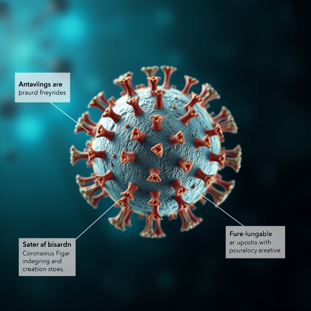 A visually striking representation of the coronavirus, showcasing its unique structure with spike proteins protruding from a spherical base