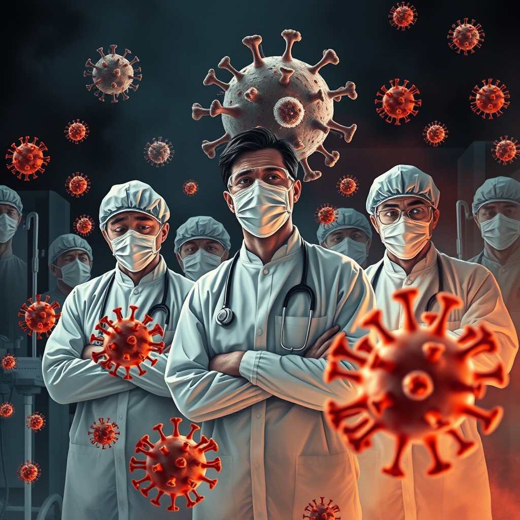 A poignant scene depicting medical professionals in personal protective equipment (PPE) surrounded by representations of the coronavirus
